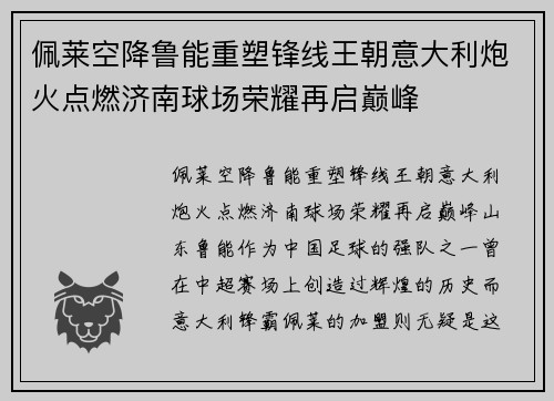 佩莱空降鲁能重塑锋线王朝意大利炮火点燃济南球场荣耀再启巅峰 佩莱空降鲁能重塑锋线王朝意大利炮火点燃济南球场荣耀再启巅峰