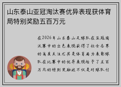 山东泰山亚冠淘汰赛优异表现获体育局特别奖励五百万元